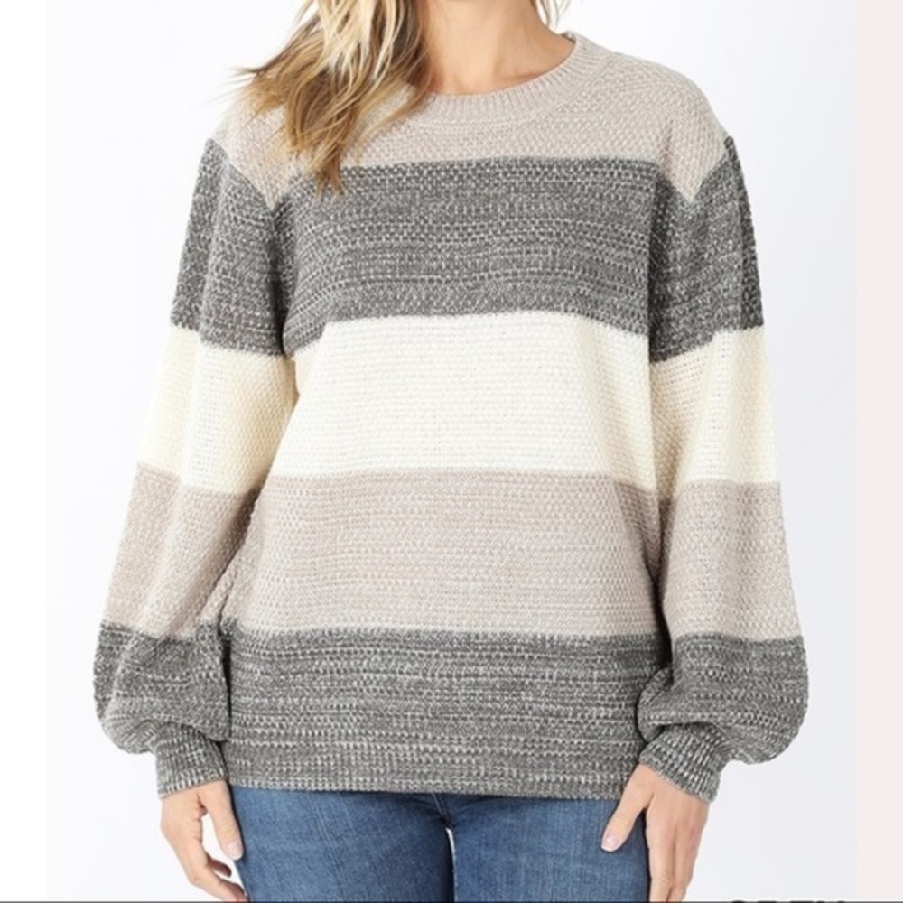 Willow Sweater- Gray Stripe-Balloon Sleeve XL